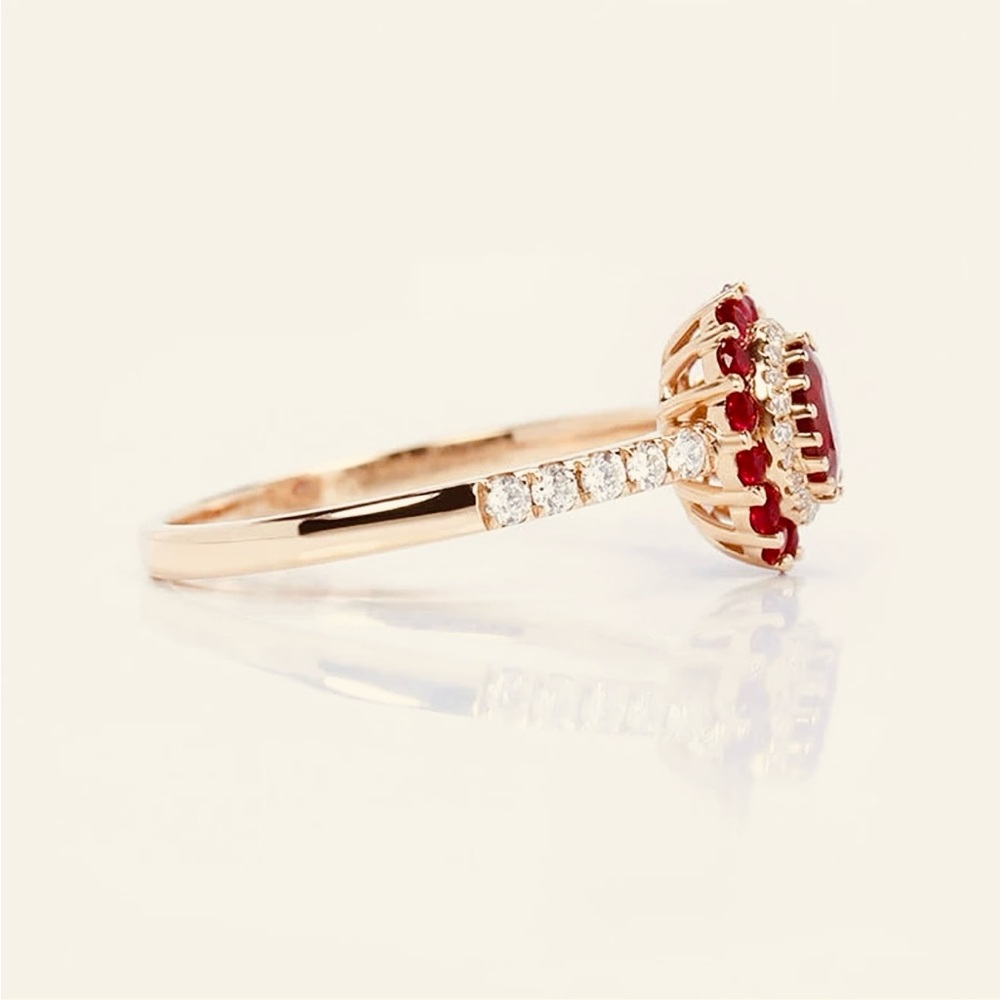 Genuine Pigeon Blood Ruby and Diamond Halo Engagement Ring 10K Solid Rose Gold - Picture 2 of 8